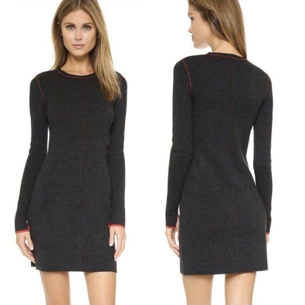 Rag & Bone charcoal grey red seam 100% Merino Wool long sleeve mini dress